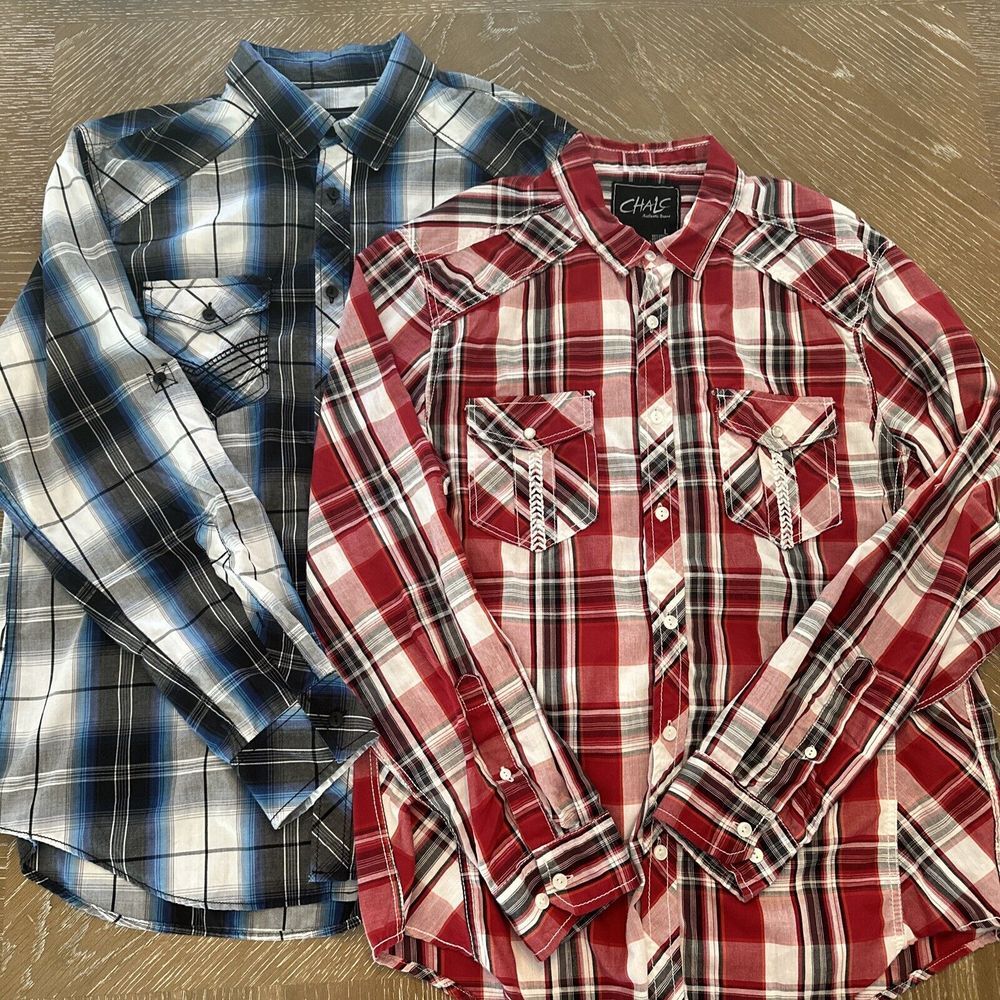 (2) Chalc‎ LARGE RED/BLUE/WHITE/BLACK Plaid Long Sleeve Western Button EXCELLENT